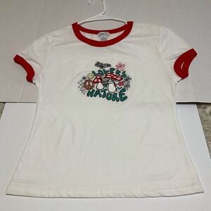 Vintage “Lovers of Nature” Baby Tee, M. Embroidered flowers, smiley faces and mu
